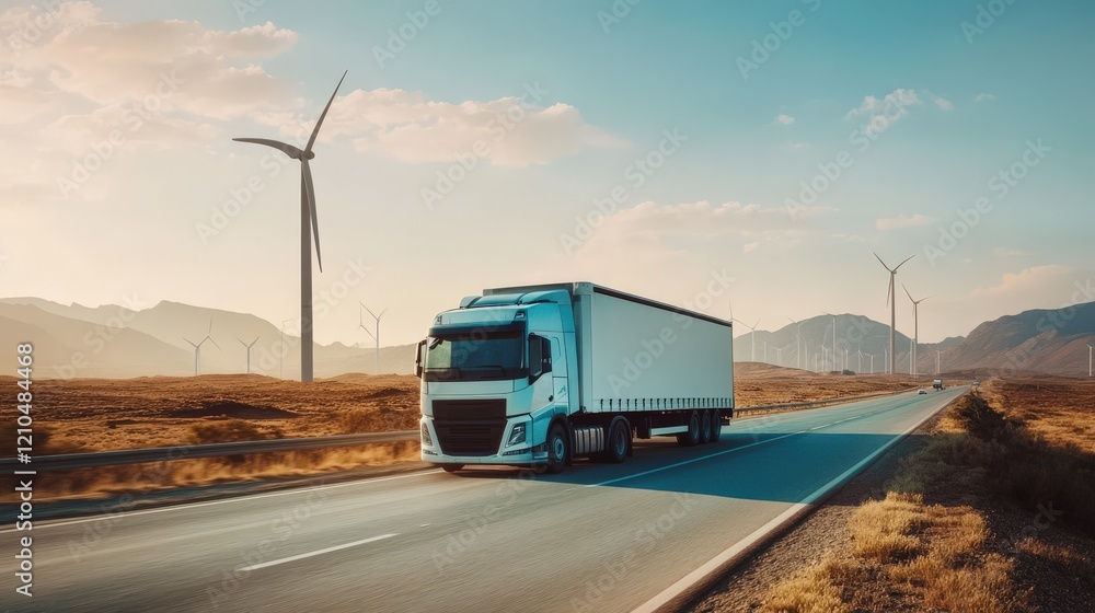 A futuristic electric truck driving along a desert highway, with wind turbines in the background, representing eco-friendly logistics and sustainable transportation A futuristic electric truck driving along a desert highway, with wind turbines in the background, representing eco-friendly logistics and sustainable transportation