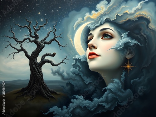 Mystical Woman  Crescent Moon  Night Sky  Dead Tree photo