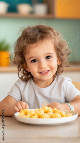 Adorable toddler enjoying a meal of macaroni and cheese at a cozy home kitchen table