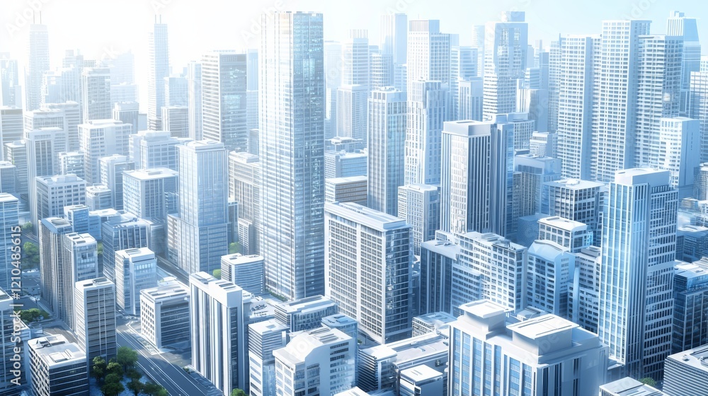 Obraz premium Aerial view of a modern cityscape featuring tall skyscrapers and business buildings under bright, clear daylight