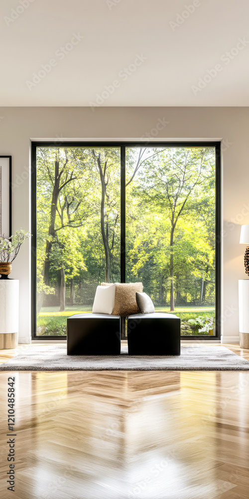Fototapeta premium Cozy living room with large windows offering a view of a serene green landscape