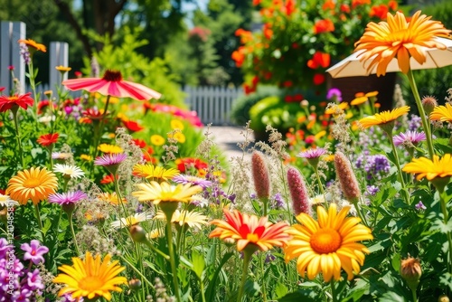Wiese mit vielen Blüten im Sommer, blühende Bienenwiese im Garten