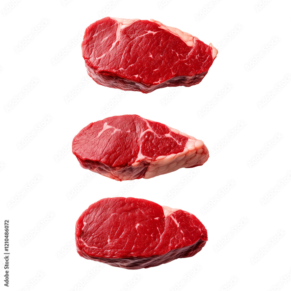Three pieces of Ribeye Beef steak, showcasing marbling, isolated on a white background, concept of meat quality and selection. Three pieces of Ribeye Beef steak, showcasing marbling, isolated on a white background, concept of meat quality and selection.