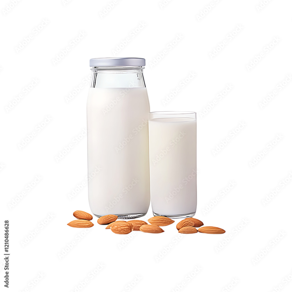 Fresh almond milk in a jar with almond seeds isolated on a transparent background. Fresh almond milk in a jar with almond seeds isolated on a transparent background.