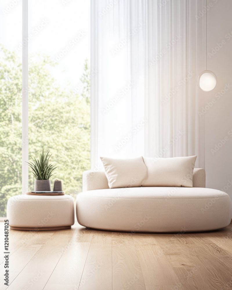 Fototapeta premium Modern minimalistic living room with cozy seating and natural light in a bright space