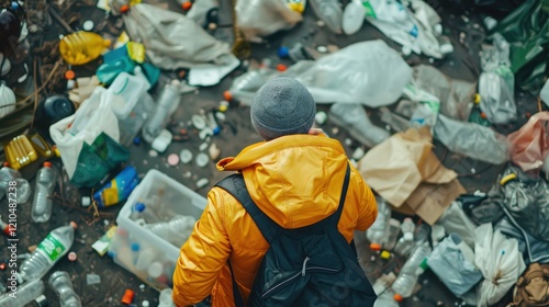 An elderly man wearing gloves works in a landfill, sorting through piles of waste for recyclable materials. This image highlights the challenges of waste management and the importance of recycling. photo