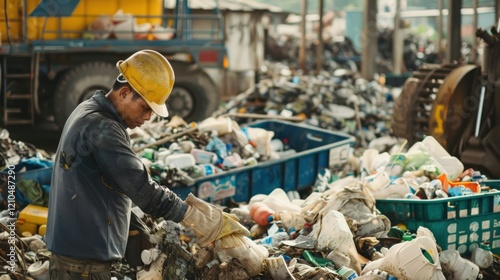 An elderly man wearing gloves works in a landfill, sorting through piles of waste for recyclable materials. This image highlights the challenges of waste management and the importance of recycling. photo