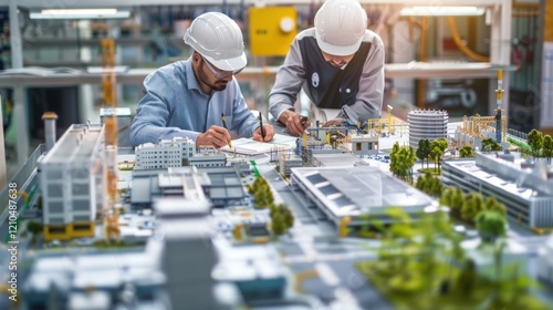 A group of engineers in a lab wearing safety gear examines wind turbine models and solar panels, representing renewable energy, innovation, and sustainability in the green energy sector. photo