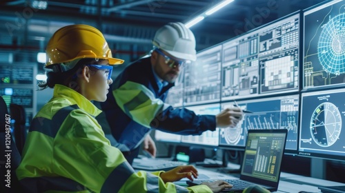 A group of engineers in a lab wearing safety gear examines wind turbine models and solar panels, representing renewable energy, innovation, and sustainability in the green energy sector.
