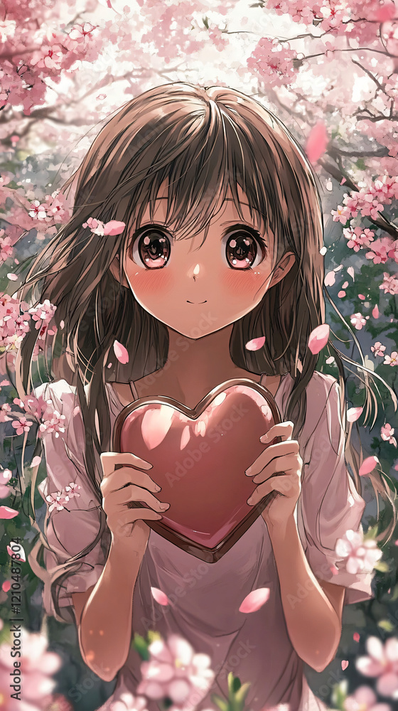 Fototapeta premium Girl with long, dark brown hair and large, expressive eyes, holding a shiny red heart-shaped object. She has a gentle smile and rosy cheeks.