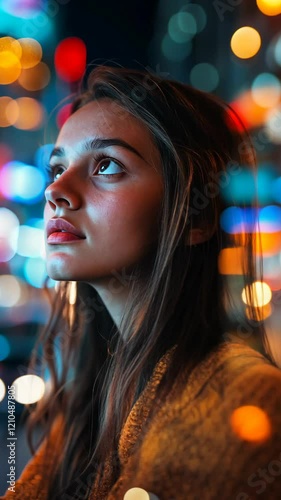 Young woman gazes upward in urban setting illuminated by colorful lights during evening hours