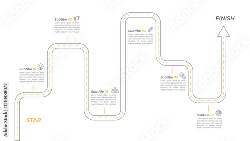 Infographic roadmap design template. Business Timeline of 6 Important Business Events annual business presentation. Vector illustration