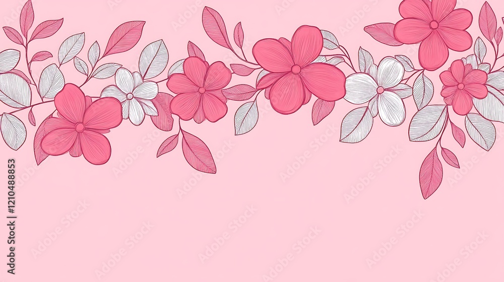 Elegant Floral Garland Illustration Featuring Interconnected Flowers and Leaves on a Soft Pink Background for Decorative or Artistic Use Elegant Floral Garland Illustration Featuring Interconnected Flowers and Leaves on a Soft Pink Background for Decorative or Artistic Use