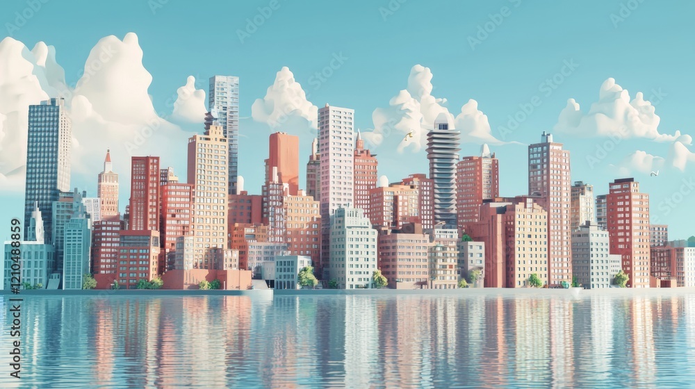 Fototapeta premium cityscape, beautiful skyline view, 3D, icon, color clay, simple lake 