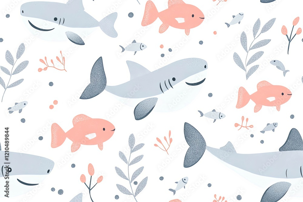 Cute baby shark and little fish seamless pattern. Cute baby shark and little fish seamless pattern.