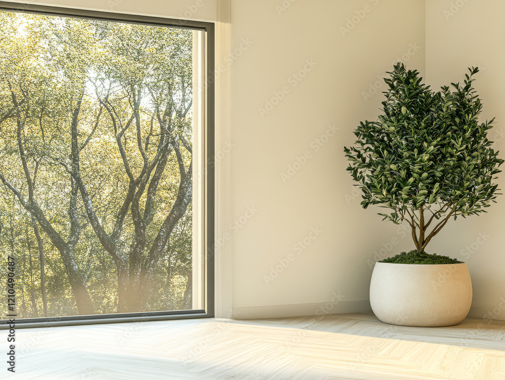 Fototapeta premium Modern interior with a large window showcasing lush greenery outside