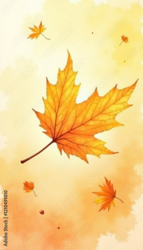 Golden autumn leaf falling on soft watercolor background in postcard style Golden autumn leaf falling on soft watercolor background in postcard style