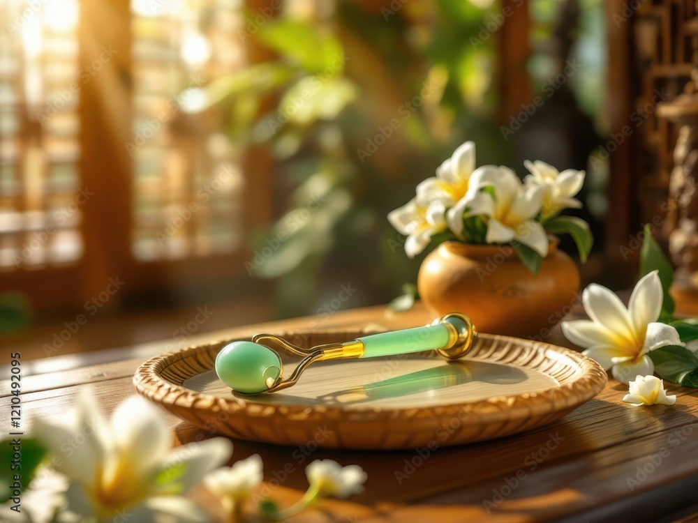 Obraz premium Jade roller on bamboo plate with frangipani flowers in sunlit room