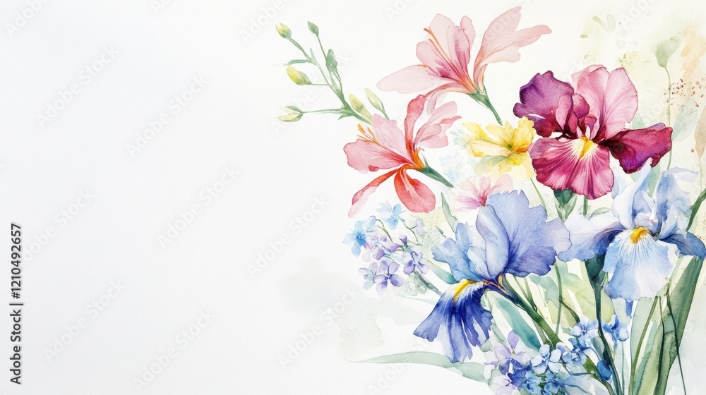 Fototapeta premium Watercolor painting of colorful irises and other flowers.