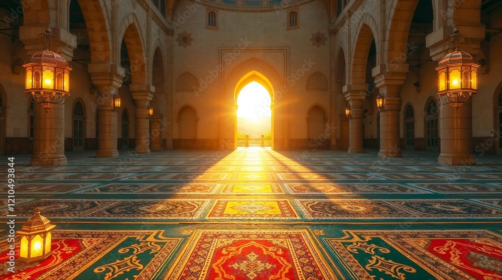 Obraz premium Radiant Mosque Interior with Sunlit Arches, Prayer Rugs and Ornate Hanging Lanterns 