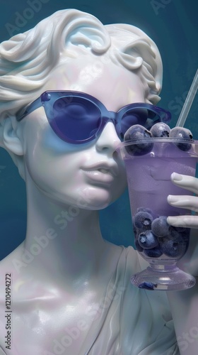 Modern marble statue sipping blueberry cocktail cool.