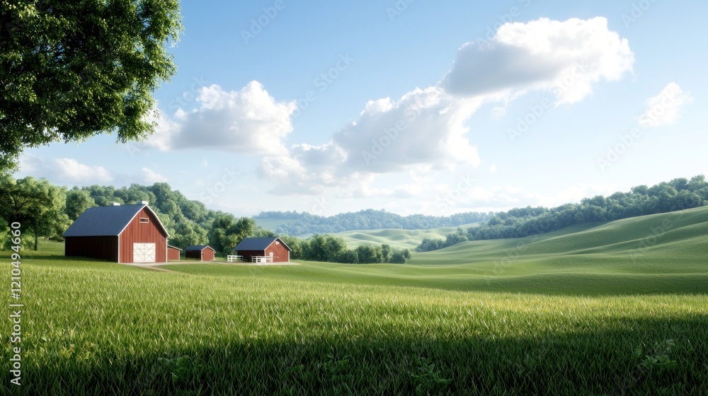 Red Barns in a Verdant Rolling Hills Landscape Red Barns in a Verdant Rolling Hills Landscape