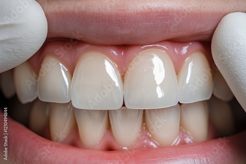 Close-up of a smiling person with clean white teeth, gloved hand holding dental veneers near teeth, clinical setting, focus on dental aesthetics, hygiene, smile improvement, dentistry, orthodontics