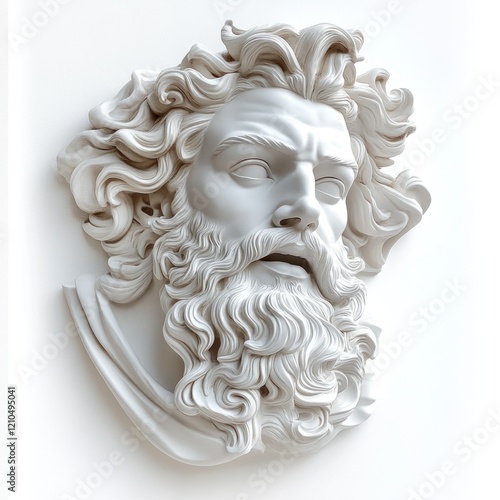 Majestic Greek god sculpture with flowing hair and beard photo