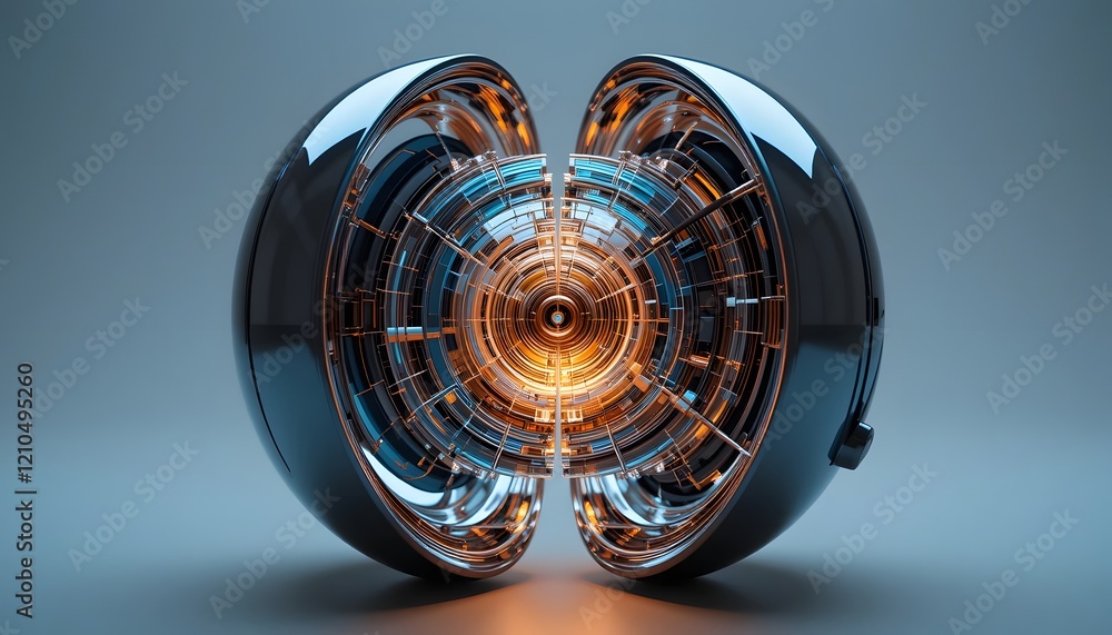 A futuristic orb split in half, revealing an intricate, glowing mechanical core, The inner mechanism radiates gradients of orange and cyan, contrasting against the polished chrome exterior. A futuristic orb split in half, revealing an intricate, glowing mechanical core, The inner mechanism radiates gradients of orange and cyan, contrasting against the polished chrome exterior.