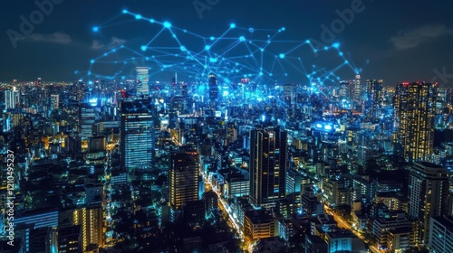 Wallpaper Mural Night cityscape, network connection, data flow, urban, technology, future Torontodigital.ca