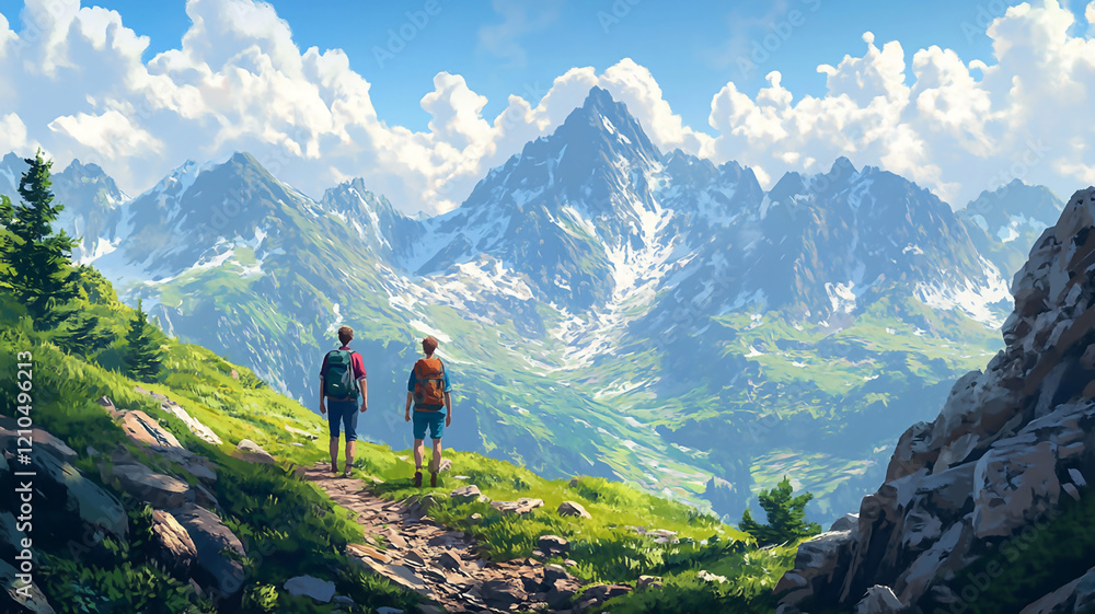 Exciting teamwork adventure with climbers trekking through lush greenery and rugged landscapes enjoying crisp air under bright morning sky Exciting teamwork adventure with climbers trekking through lush greenery and rugged landscapes enjoying crisp air under bright morning sky