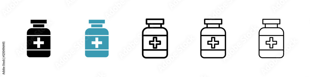 Pill bottle icons in black and blue set Pill bottle icons in black and blue set