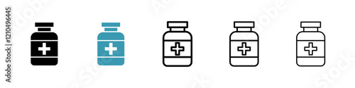 Pill bottle icons in black and blue set