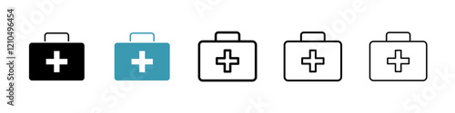 Medical kit icons in black and blue set