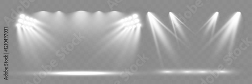 Empty spotlight stage with dark gradient background and bright beams of light illuminating the center. Suitable for presentations, performances, or dramatic effects.
