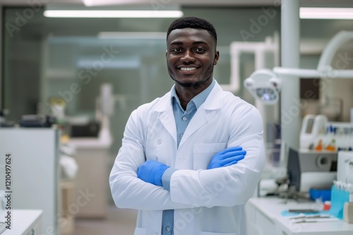 Confident dark-skinned male dentist in a white lab coat, light blue shirt, and blue surgical mask, smiling and standing with arms crossed in a modern, brightly lit dental office, dentistry, healthcare