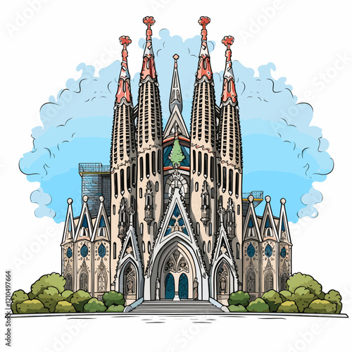 Sagrada Familia hand-drawn comic illustration. Sagrada Familia. Vector doodle style cartoon illustration