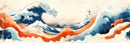traditional and classic Japanese design elements with orange, blue and white waves and Japanese paper textures