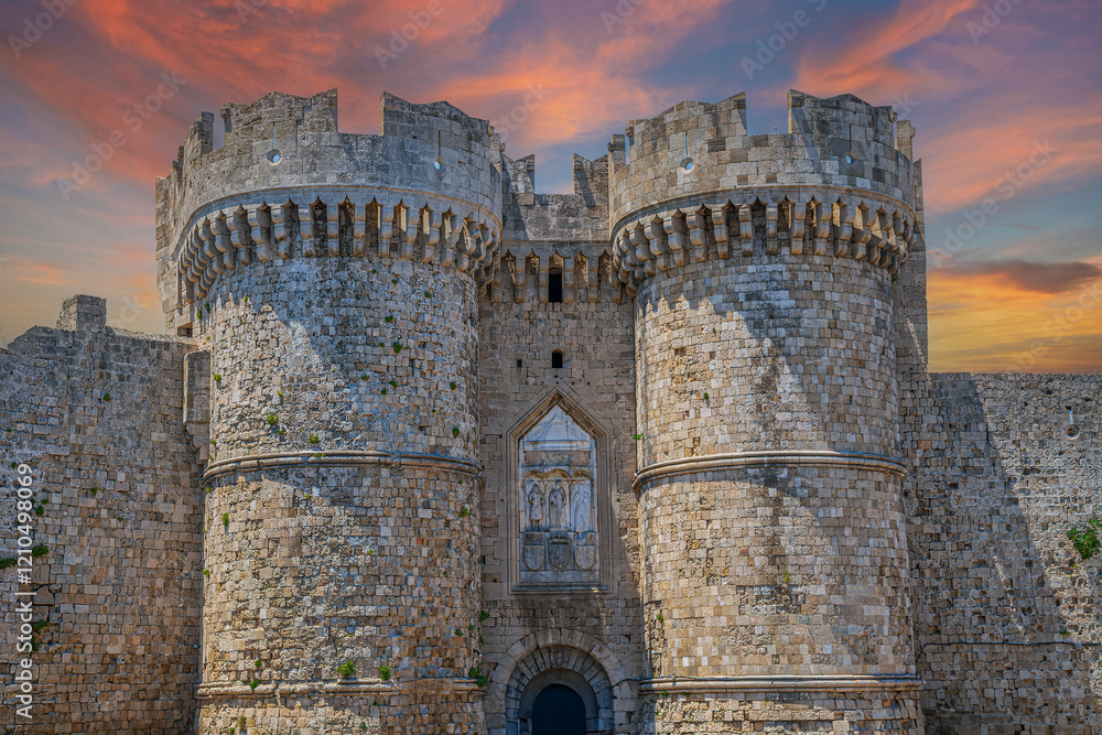 The Sea Gate, known as the Marine Gate, a entry point into the old town of Rhodes on S of Kolóna's fishing port.It has two large round towers and it was built in 1478 of the Knights Hospitaller.Greece The Sea Gate, known as the Marine Gate, a entry point into the old town of Rhodes on S of Kolóna's fishing port.It has two large round towers and it was built in 1478 of the Knights Hospitaller.Greece