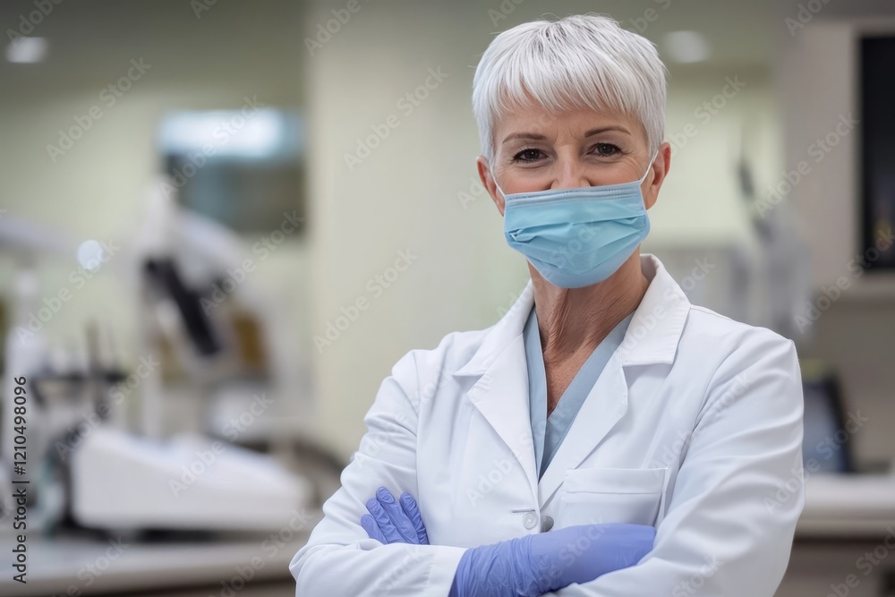 Confident elderly female dentist in a white lab coat, light blue shirt, and blue surgical mask, smiling and standing with arms crossed in a clean, well-organized dental office, dentistry, healthcare. Confident elderly female dentist in a white lab coat, light blue shirt, and blue surgical mask, smiling and standing with arms crossed in a clean, well-organized dental office, dentistry, healthcare.