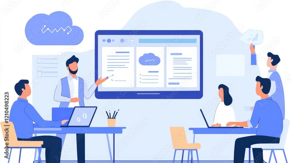 A manager leading a team meeting, presenting cloud-based project updates using a digital whiteboard, with team members accessing files on laptops connected to the cloud A manager leading a team meeting, presenting cloud-based project updates using a digital whiteboard, with team members accessing files on laptops connected to the cloud