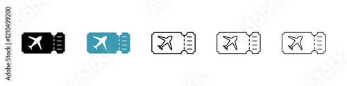 Airline ticket icons in black and blue set