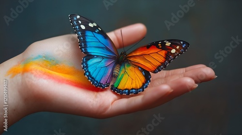 A colorful butterfly rests on an outstretched hand with vibrant paint splatters. photo