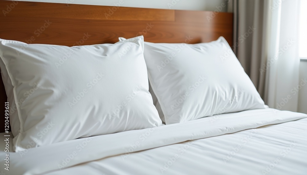 A cozy hotel room featuring a white-sheeted bed with a wooden headboard and a curtained window A cozy hotel room featuring a white-sheeted bed with a wooden headboard and a curtained window