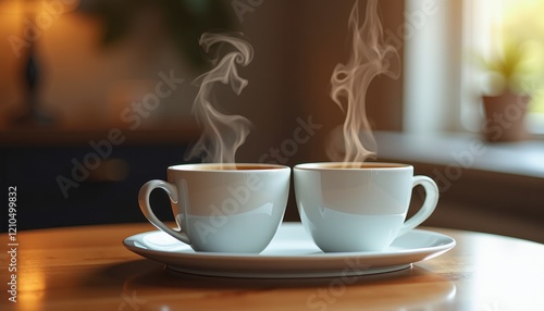 Dramatic Close-Up of Two White Coffee C with Steam and Potted Plant Near a Window photo