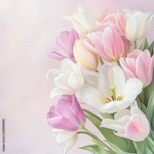 Colorful tulip bouquet with shades of pink and white arranged elegantly in a soft pastel background