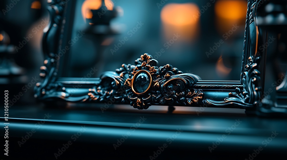 Fototapeta premium Ornate frame detail, dark ambiance, candles blurred background, home decor