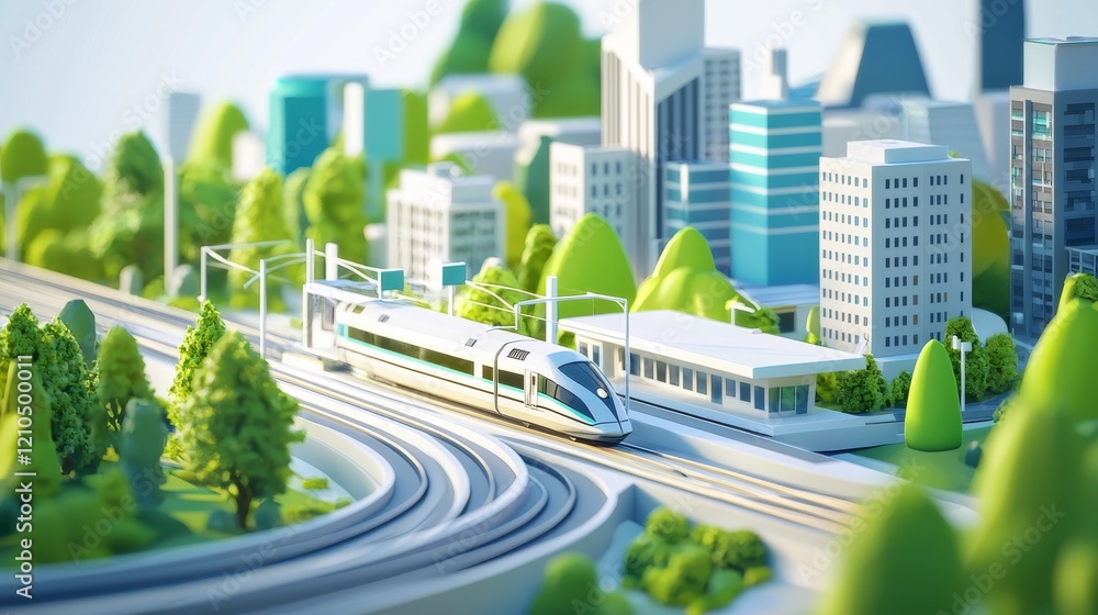 Fototapeta premium 3D illustration of a modern city with a train station, high-speed rail, and buildings around the station