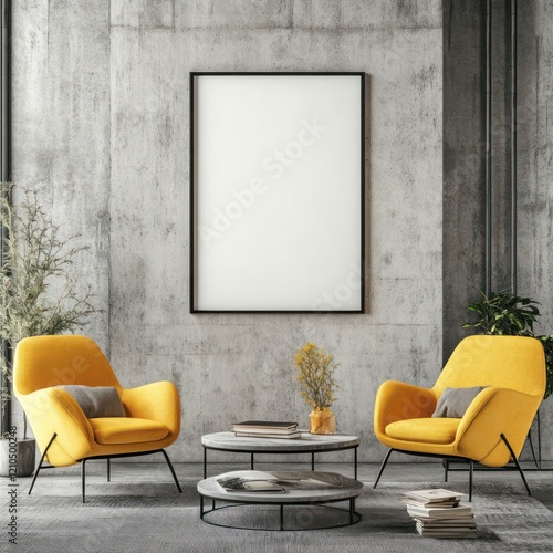 icture frame mockup hanging on the wall of an industrial-style living room, with yellow armchairs and a coffee table with books nearby. photo