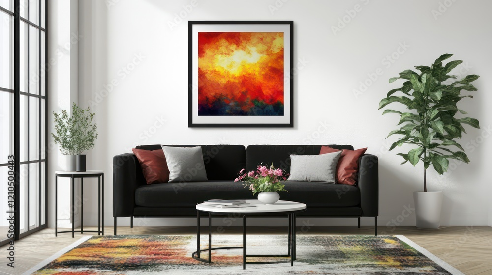 Plain blank frame photo on the wall in urban living room with black sofa and coffee table, white background, mockup template for artwork or poster print. Plain blank frame photo on the wall in urban living room with black sofa and coffee table, white background, mockup template for artwork or poster print.